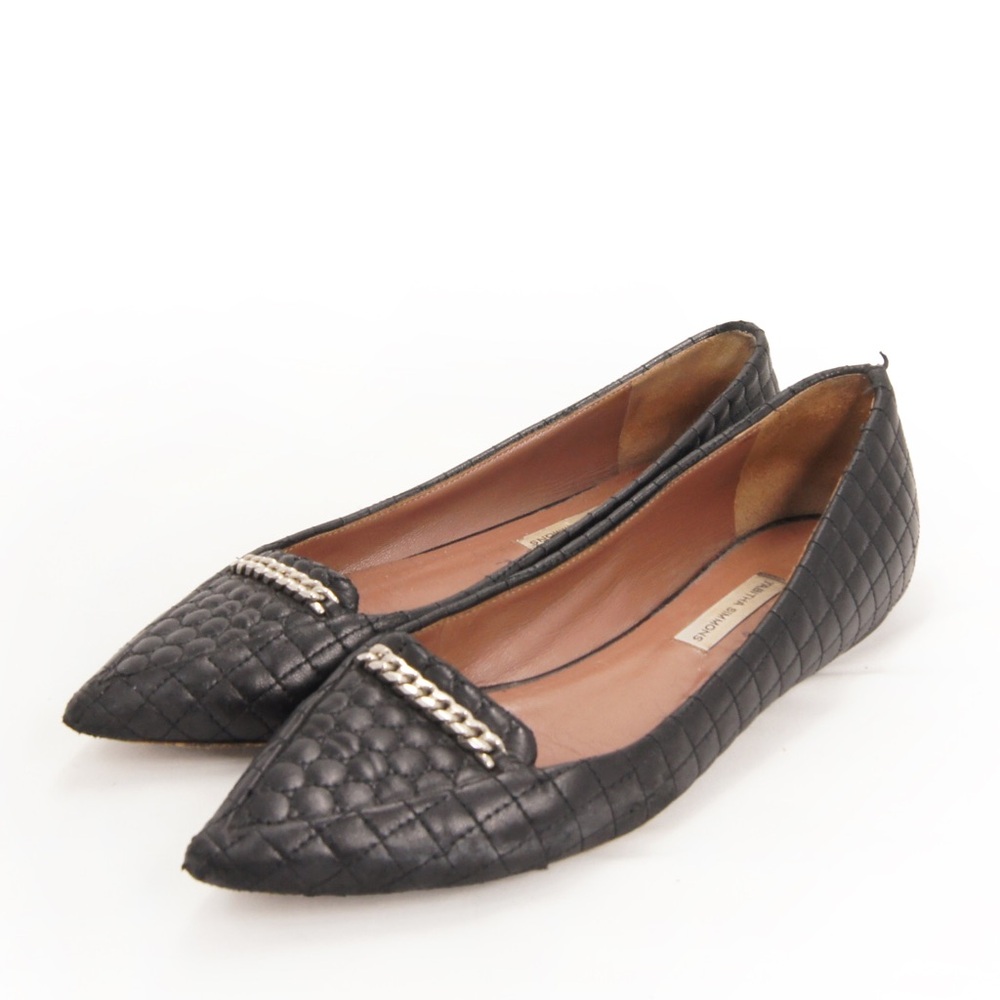 Tabitha Simmons Pointed Toe Black Leather Quilted Flat Loafer Shoes
